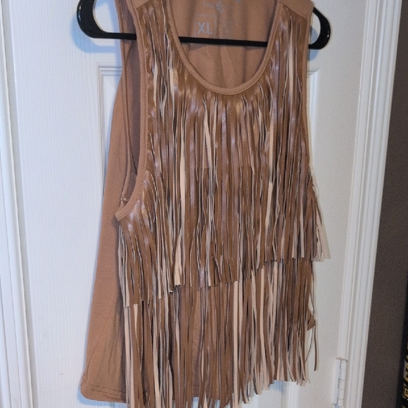 Tan Fringed Tank Top with Bohemian Flair - Picture 1 of 3